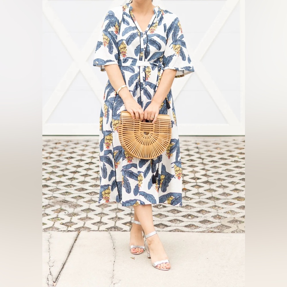 Desmond & Dempsey H&M Women Banana Tropical Linen Kaftan Coastal Maxi Dress Sz L